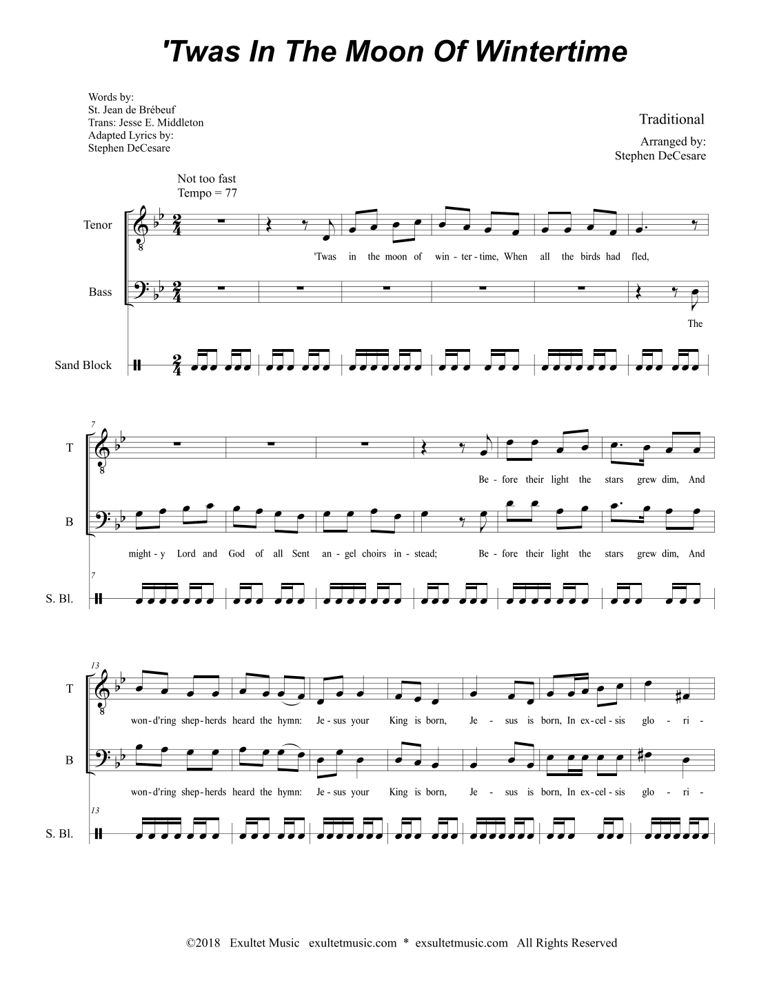 'Twas In The Moon Of Wintertime (Duet for Tenor and Bass Solo) (arr. Stephen DeCesare)