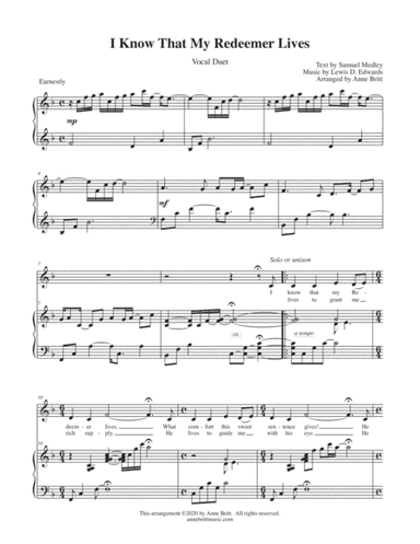 I Know That My Redeemer Lives (vocal duet) (arr. Anne Britt)