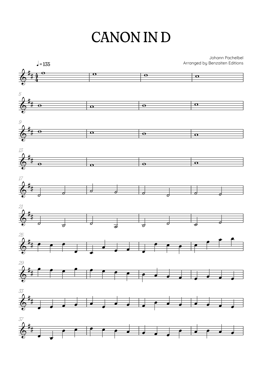 Pachelbel Canon in D • violin sheet music (arr. Benzaiten Editions)