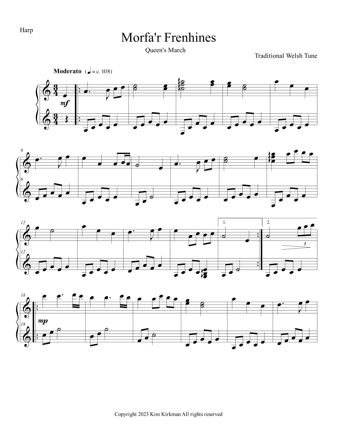 Morfa'r Frenhines (Queen's March) for lever harp - no levers required! (arr. Kim Kirkman)