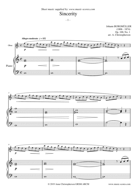 Sincerity - Burgmuller Op.100, No.1 - Oboe and Piano (arr. Anne L Christopherson GRSM ARCM)