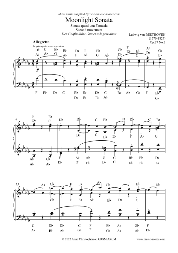 Moonlight Sonata - 2nd Movement - original version with note names. (arr. Anne L Christopherson GRSM ARCM)