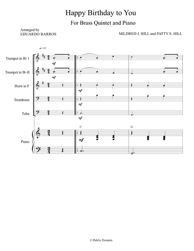 Happy Birthday to You (For Brass Quintet with Piano accompaniment and Chords) (arr. Eduardo Barros)