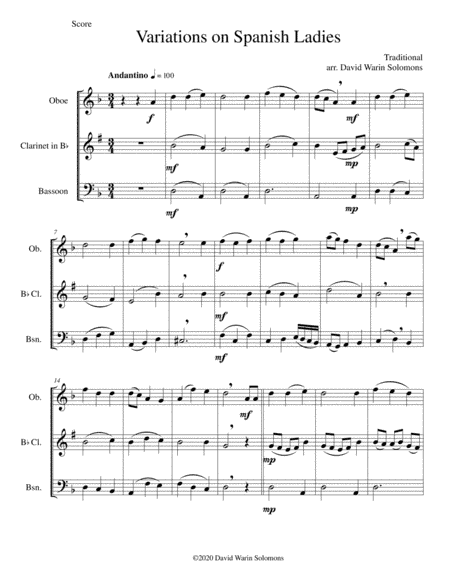 Variations on Spanish Ladies for wind trio (oboe, clarinet, bassoon) (arr. David Warin Solomons)