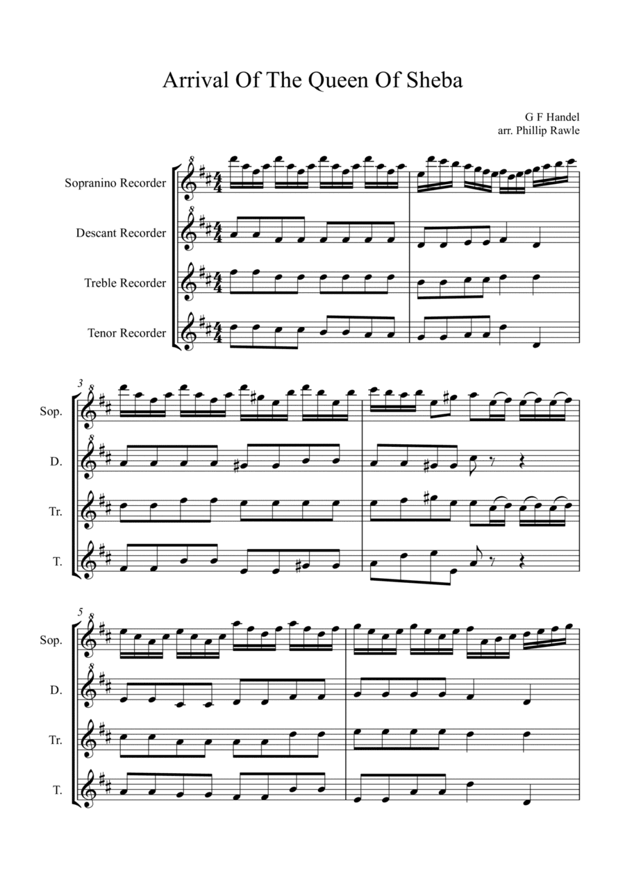 Arrival Of The Queen Of Sheba - Recorder Quartet (arr. Phil Rawle)