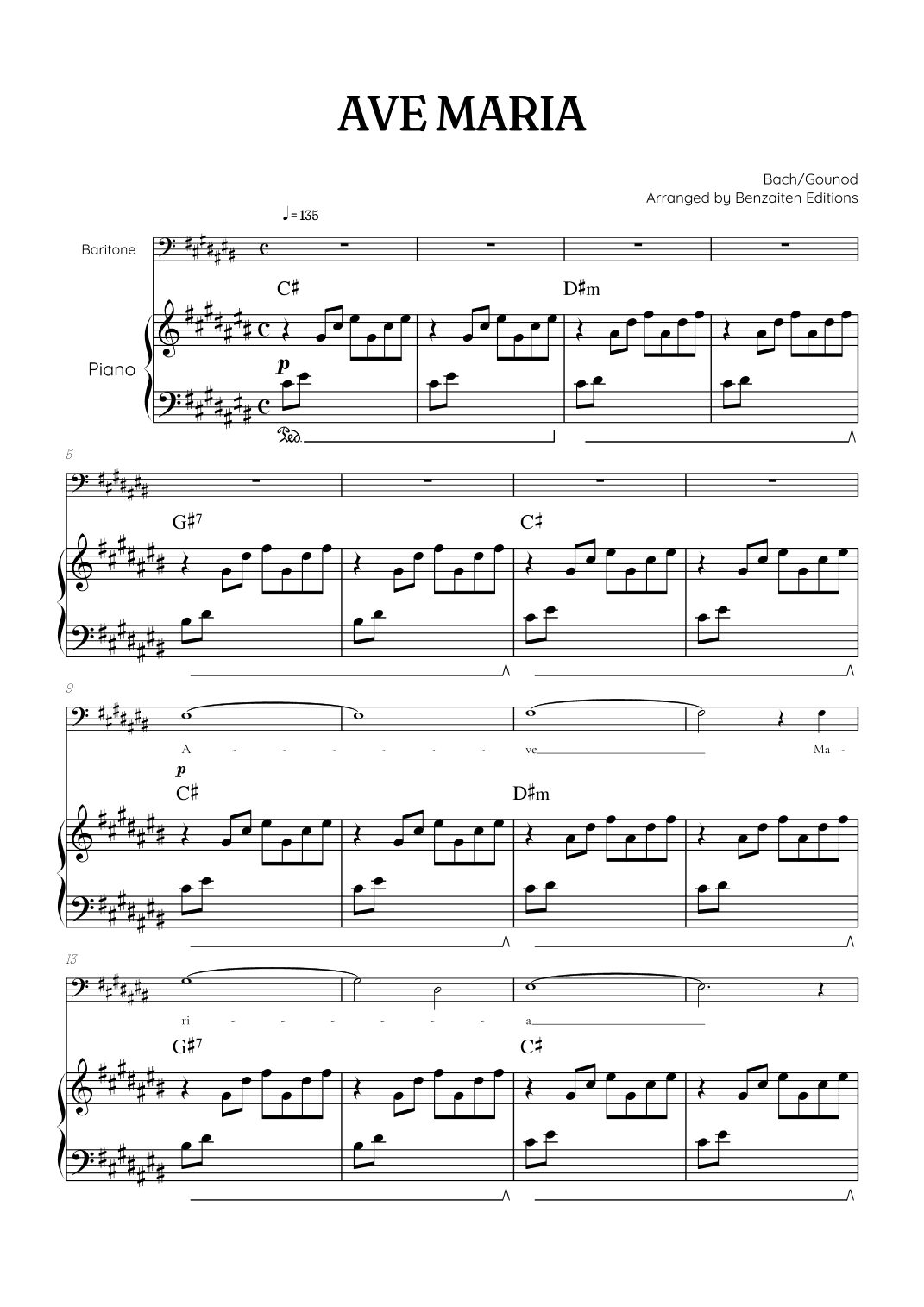 Bach / Gounod Ave Maria in C sharp [C#] • baritone sheet music with piano accompaniment and chords (arr. Benzaiten Editions)