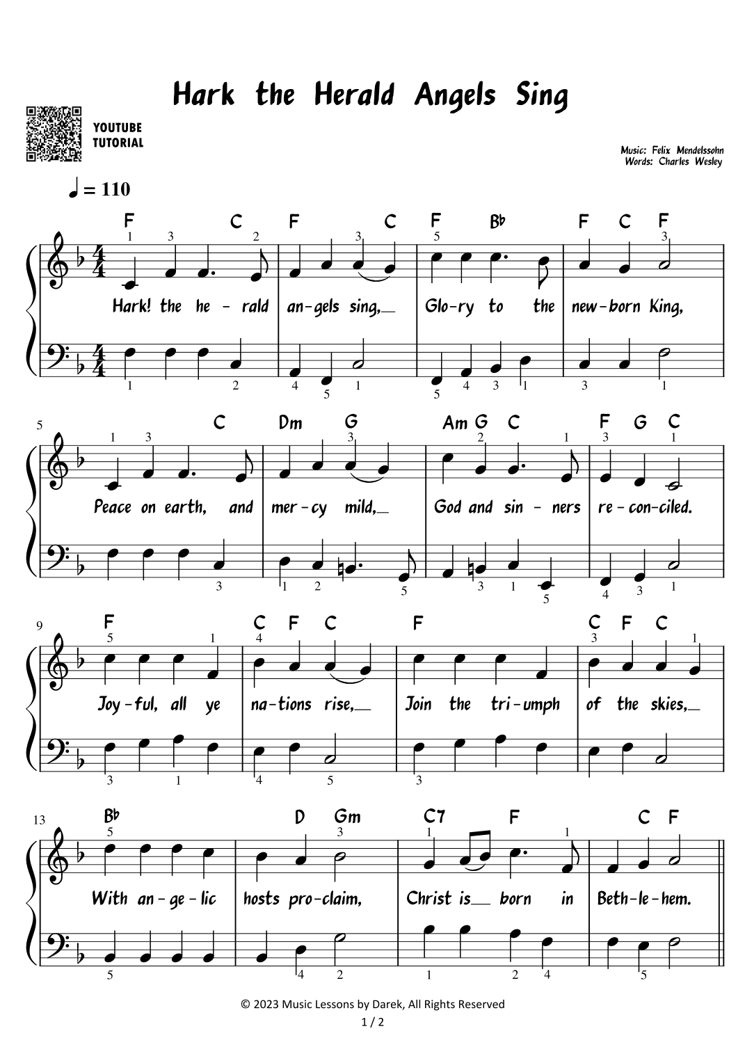 Hark the Herald Angels Sing - Christmas Carol [EASY PIANO] (arr. Darek)