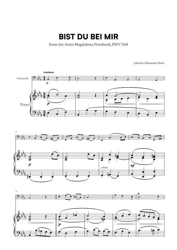 Bist du bei Mir (BWV 508) (for Cello and Piano) (arr. Cadenza Editions)