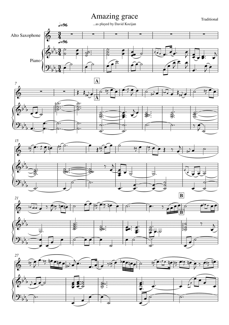 Amazing grace (piano & alto saxophone) (arr. David Kocijan)