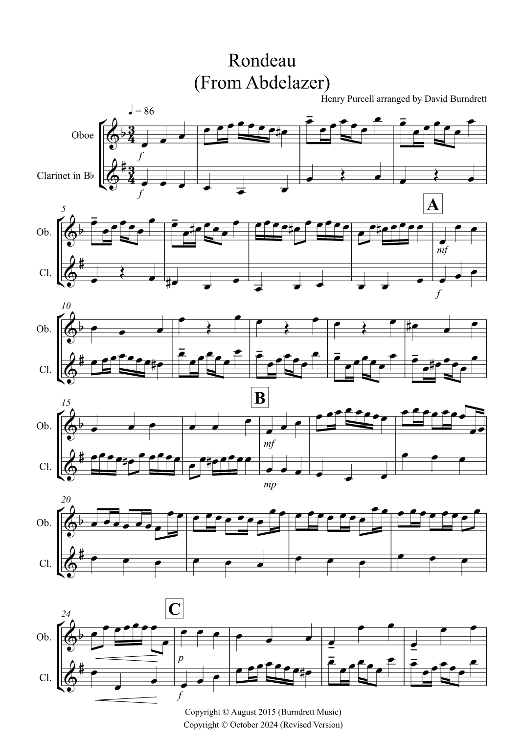 Rondeau (from Abdelazer) for Oboe and Clarinet Duet (arr. David Burndrett)