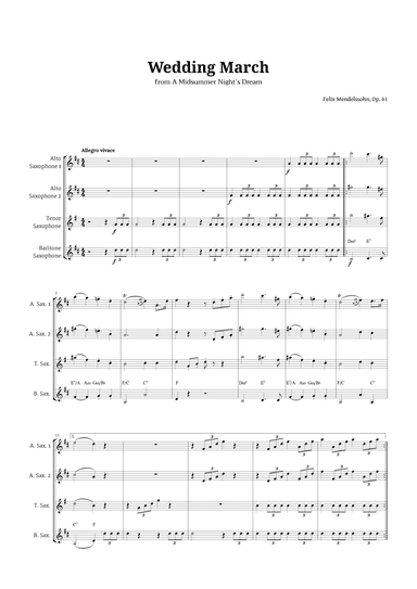 Wedding March by Mendelssohn for Sax AATB Quartet with Chords (arr. Langanho)
