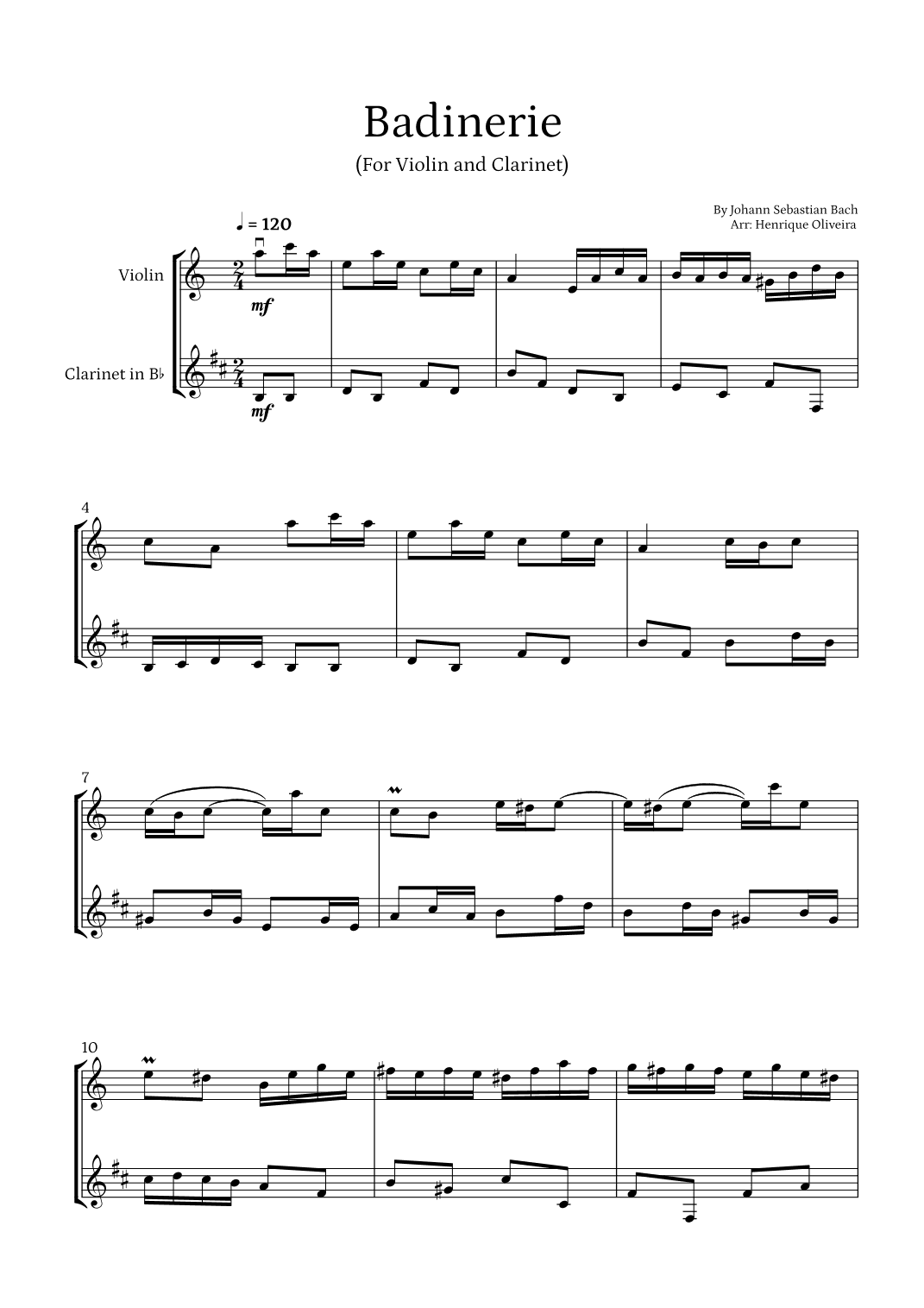 Badinerie by J. S. Bach (For Violin and Clarinet) (arr. Henrique Oliveira)