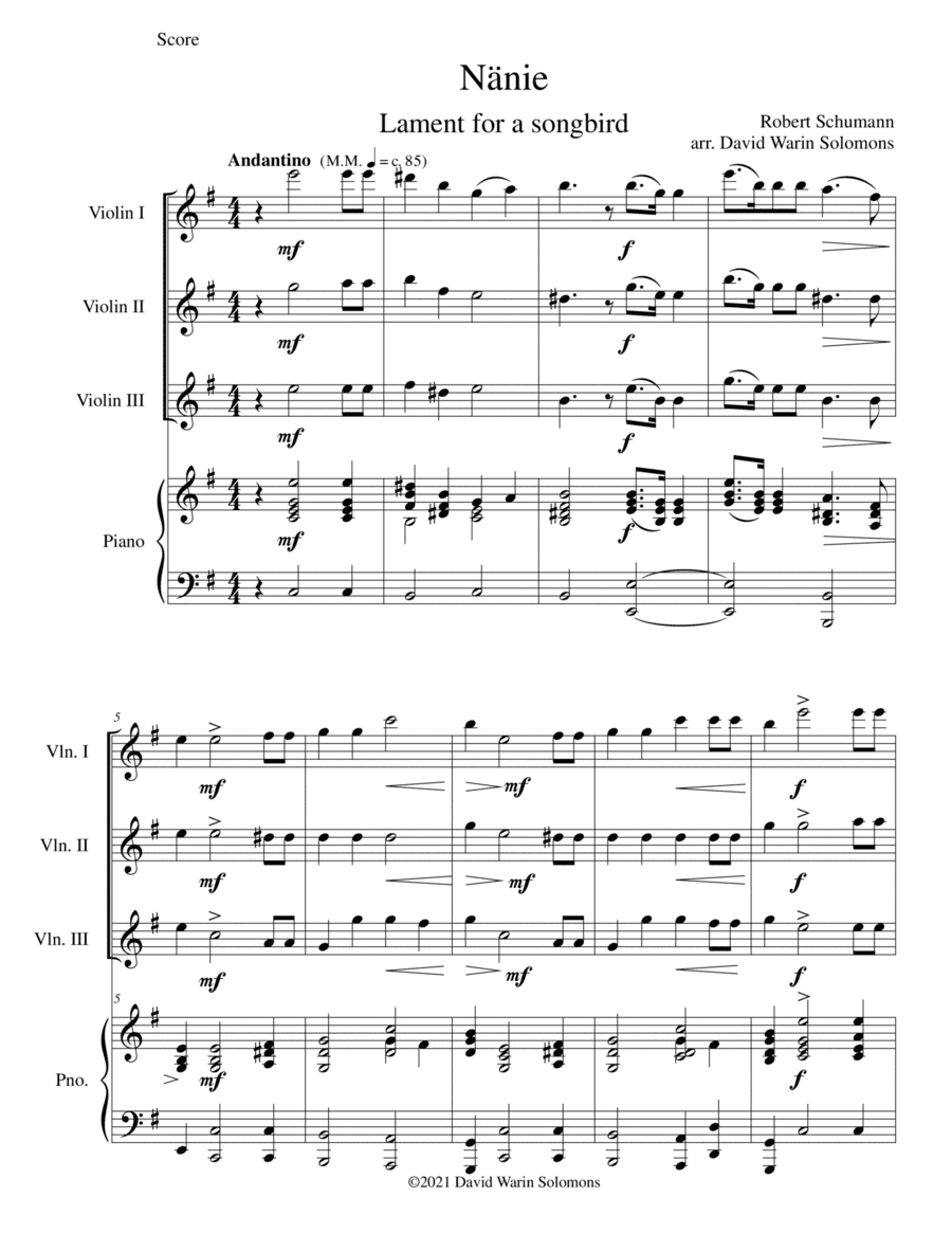 Nänie - lament for a songbird - for violin trio and piano (arr. David Warin Solomons)