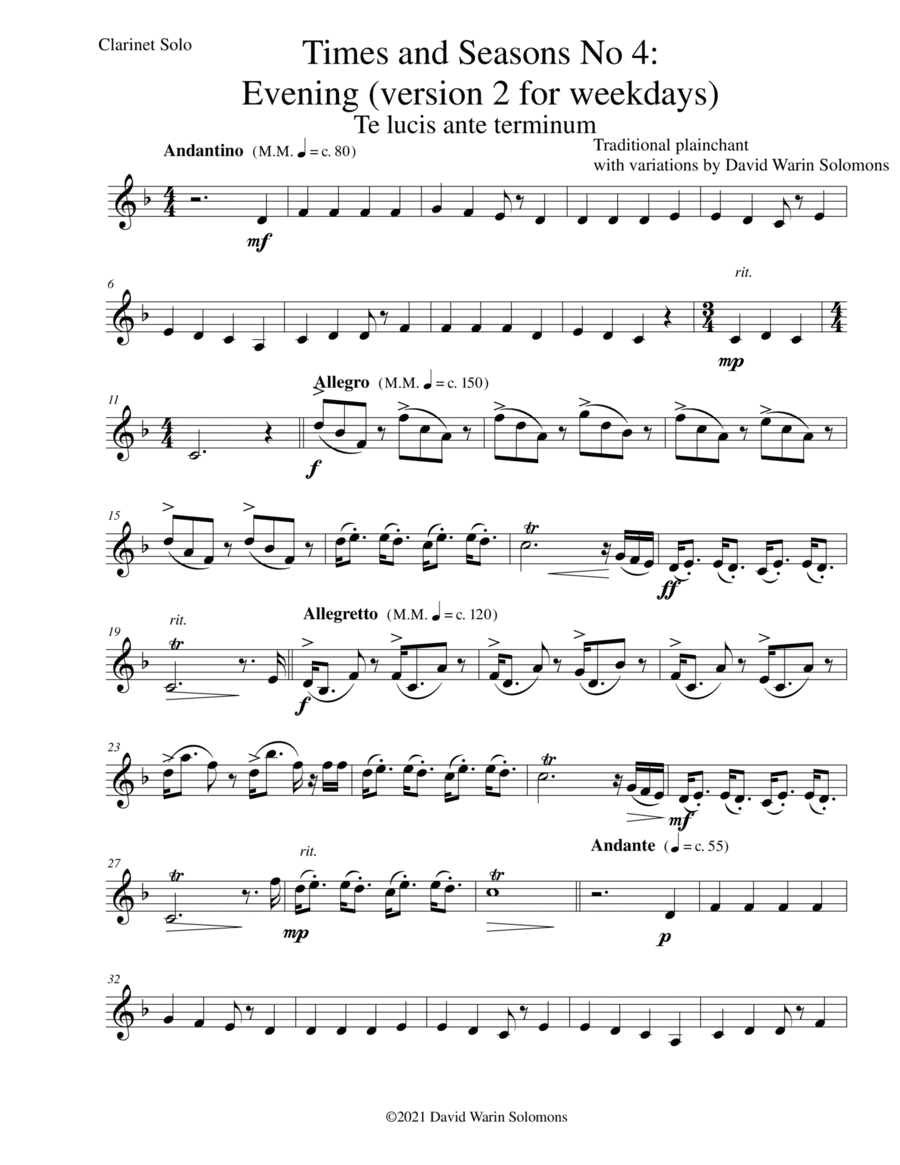 Times and Seasons for clarinet solo No 4: Evening (version 2 for weekdays) (arr. David Warin Solomons)