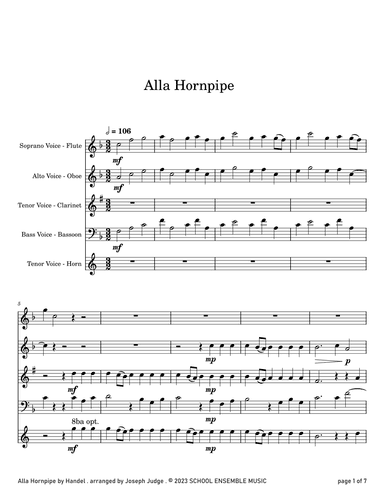 Alla Hornpipe by Handel for Woodwind Quartet in Schools (arr. Joseph Judge)