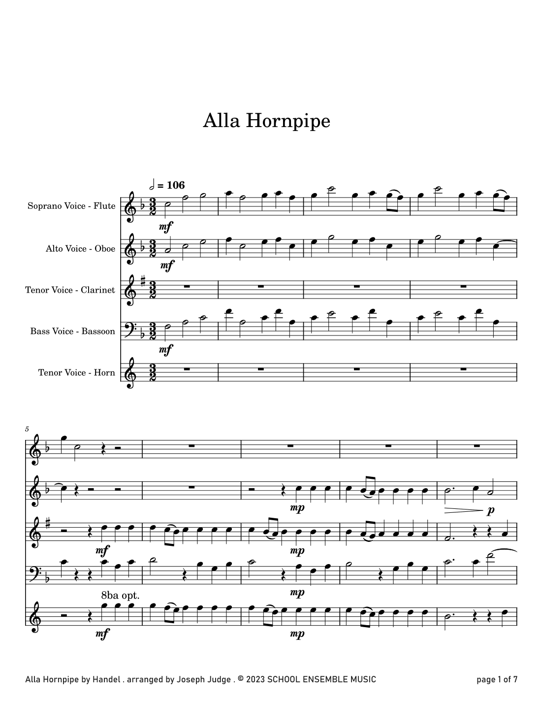 Alla Hornpipe by Handel for Woodwind Quartet in Schools (arr. Joseph Judge)