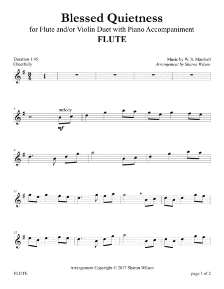 Blessed Quietness (for Flute and/or Violin Duet with Piano accompaniment) (arr. Sharon Wilson)