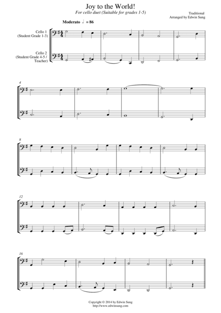 Joy to the World (for cello duet, suitable for grades 1-5) (arr. Edwin Sung)