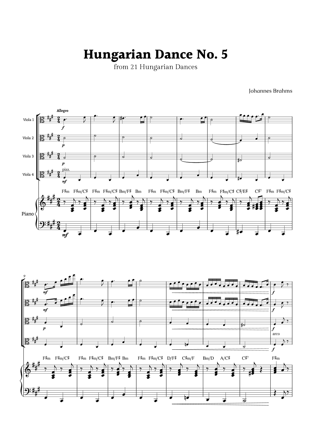Hungarian Dance No. 5 by Brahms for Viola Quartet and Piano (arr. Rika K.)