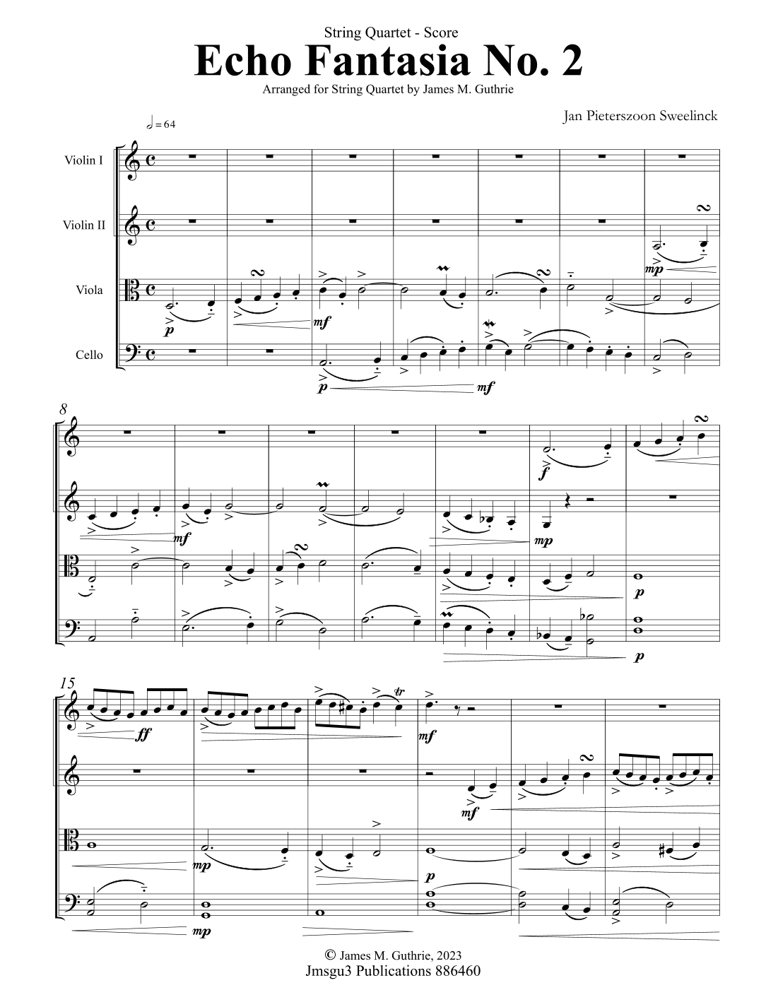 Sweelinck: Echo Fantasia No. 2 for String Quartet - Score Only (arr. James M. Guthrie)