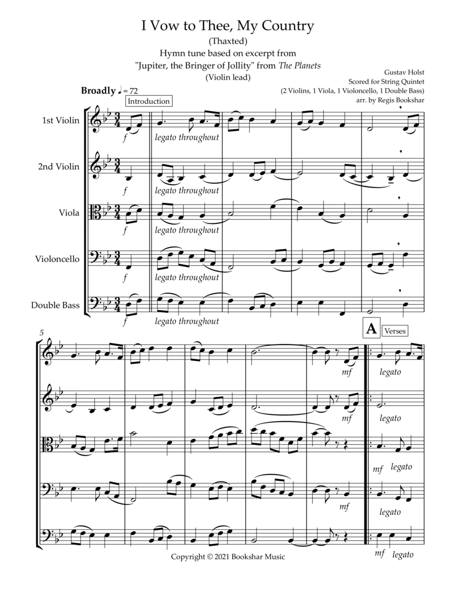 I Vow to Thee, My Country (Thaxted) (Bb) (String Quintet - 2 Violins, 1 Viola, 1 Cello, 1 Bass) (Vio (arr. Regis Bookshar)