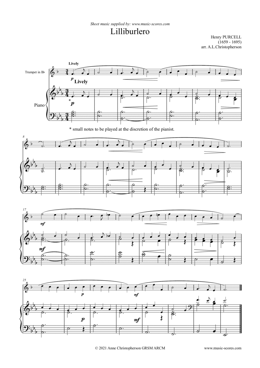 Lilliburlero - Trumpet and Piano (arr. Anne L Christopherson GRSM ARCM)