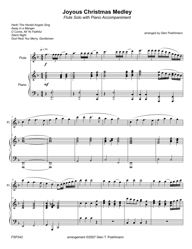 JOYOUS CHRISTMAS MEDLEY - FLUTE SOLO with Piano Accompaniment (Grade 3+) 5 carols (arr. Glen Poehlmann)