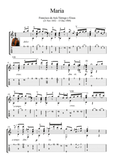 Maria by Tarrega guitar solo (arr. PianoSheetNow)