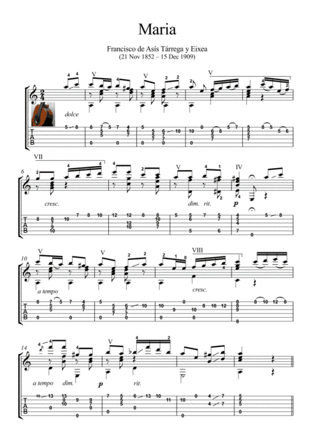 Maria by Tarrega guitar solo (arr. PianoSheetNow)