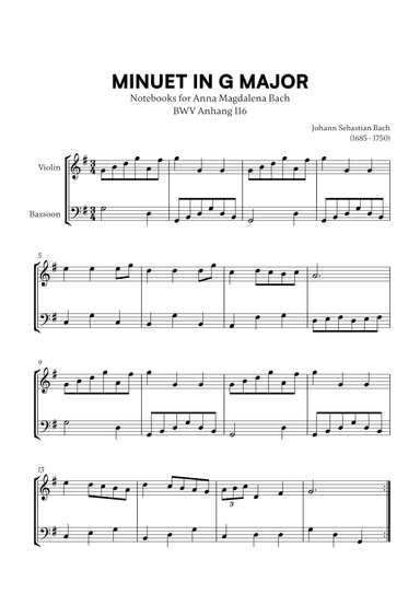 Minuet in G Major (BWV Anh. 116) (for Violin and Bassoon) (arr. Cadenza Editions)