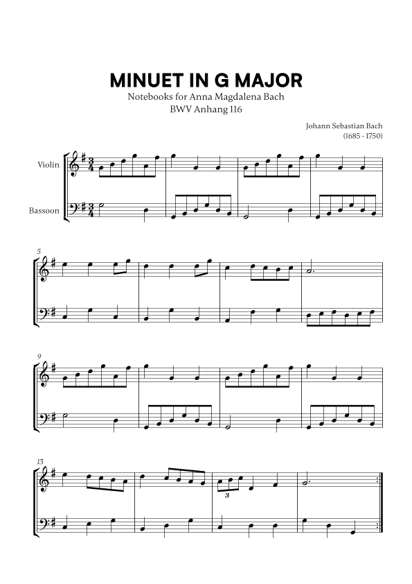 Minuet in G Major (BWV Anh. 116) (for Violin and Bassoon) (arr. Cadenza Editions)