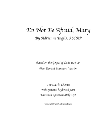 Do Not Be Afraid, Mary SATB a cappella