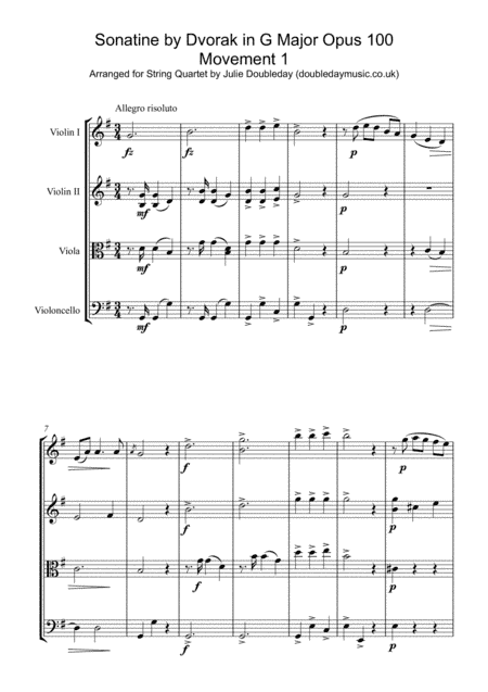 Dvorak Sonatine in G Major Opus 100 (1st Movement) arranged for String Quartet (arr. Julie Doubleday)