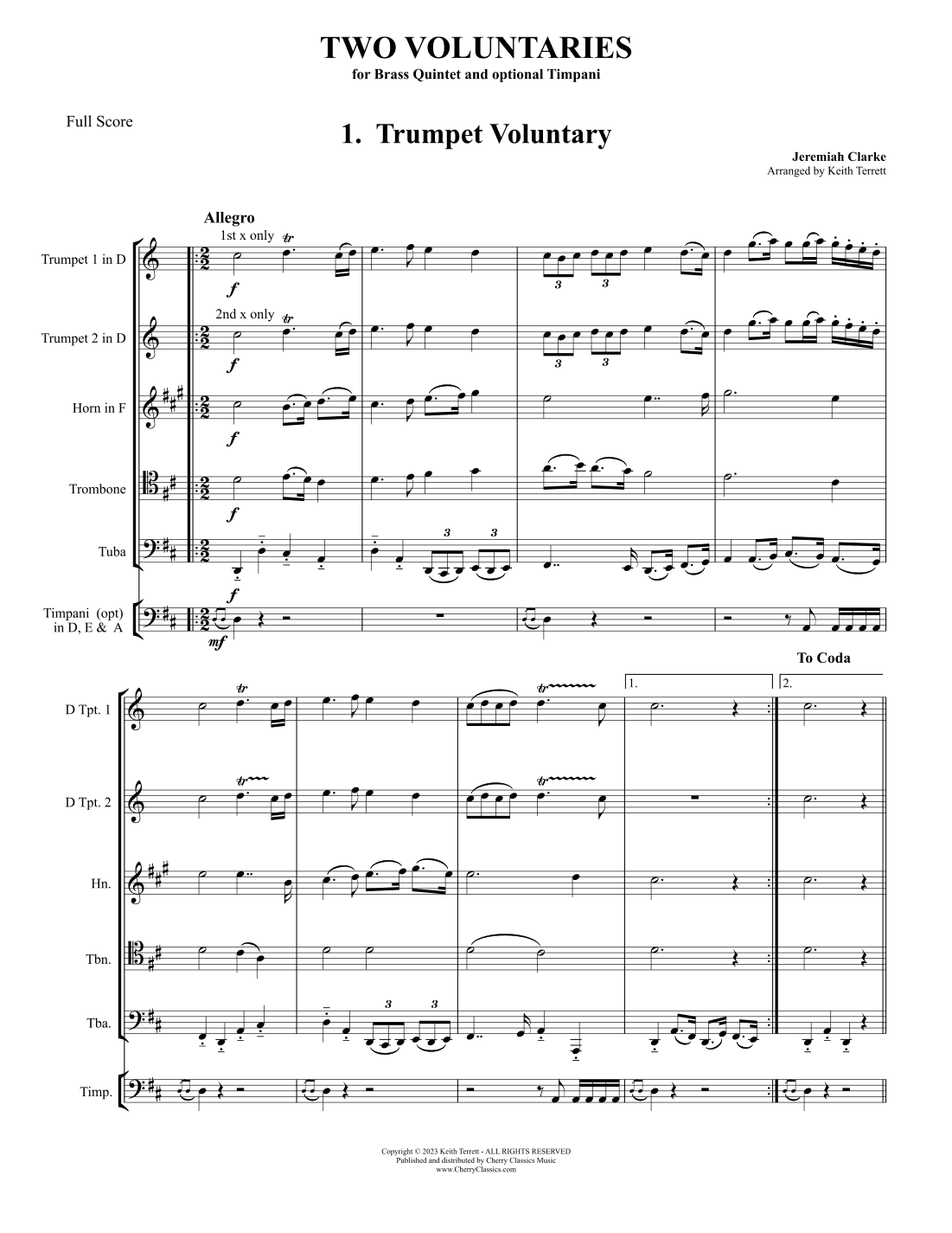 Two Voluntaries for Brass Quintet & optional Timpani (arr. Keith Terrett)