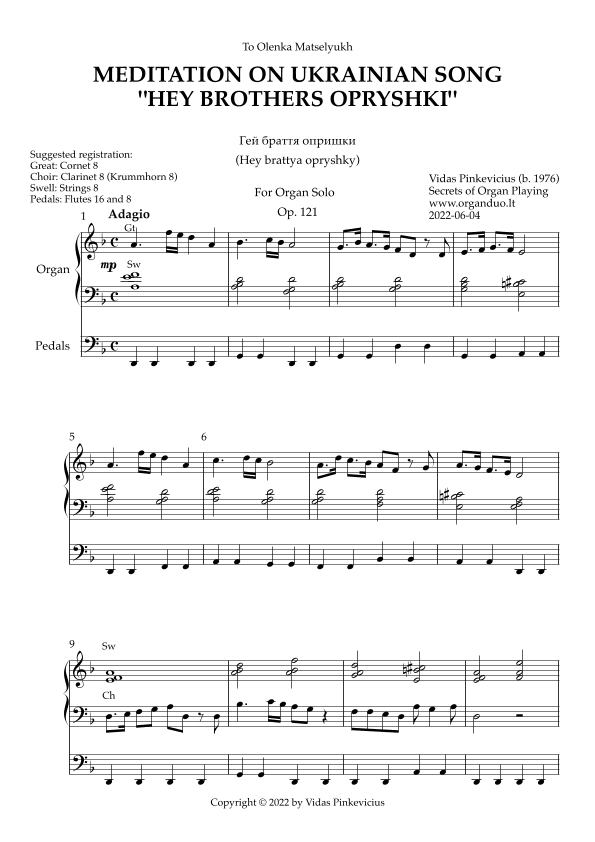Meditation on Ukrainian Song "Hey Brothers Opryshki", Op. 121 (Organ Solo) by Vidas Pinkevicius