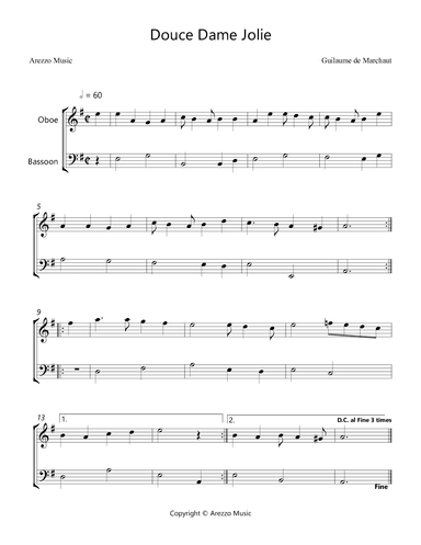 Douce Dame Jolie - Oboe and Bassoon Arrangement (arr. Arezzo Music)
