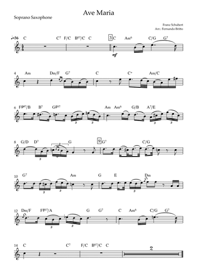 Ave Maria (Franz Schubert) for Soprano Saxophone Solo with Chords (arr. Fernando Britto)