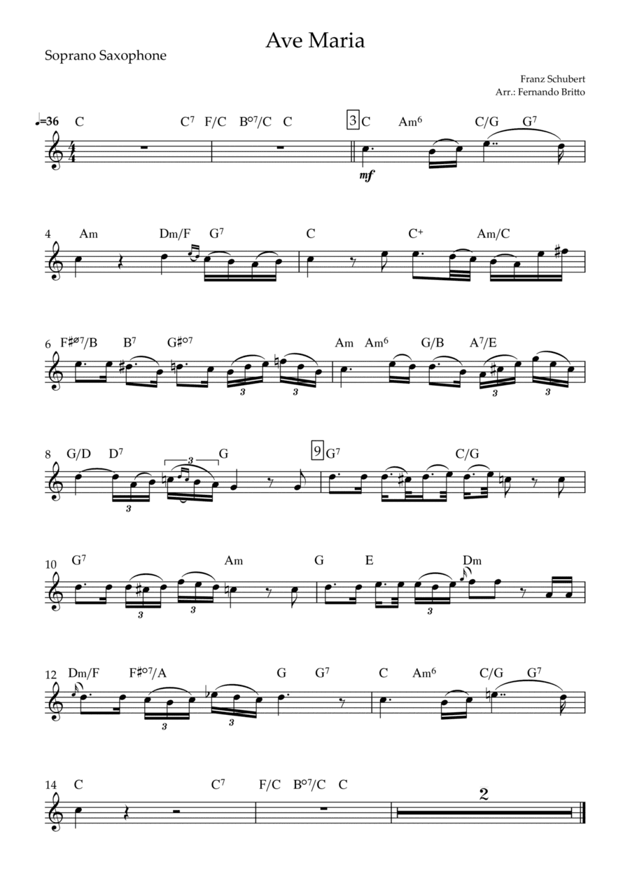 Ave Maria (Franz Schubert) for Soprano Saxophone Solo with Chords (arr. Fernando Britto)