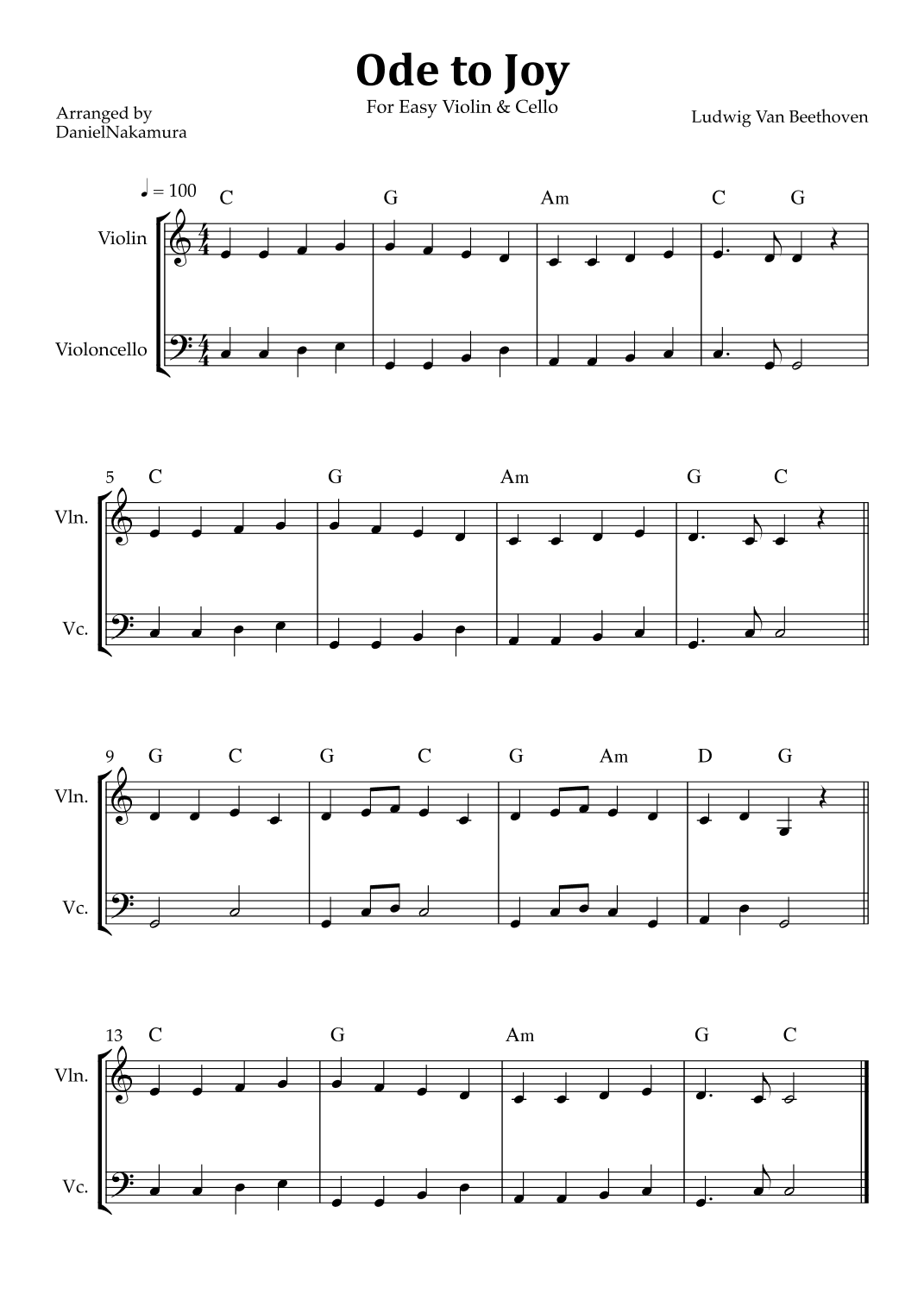 Ode to Joy (Easy Violin and Cello) (arr. Daniel Nakamura)