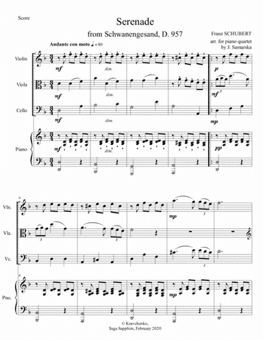 Franz Schubert - Serenade from Schwanengesand arr. for piano quartet (score and parts) (arr. Julia Samarska)