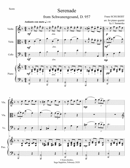 Franz Schubert - Serenade from Schwanengesand arr. for piano quartet (score and parts) (arr. Julia Samarska)