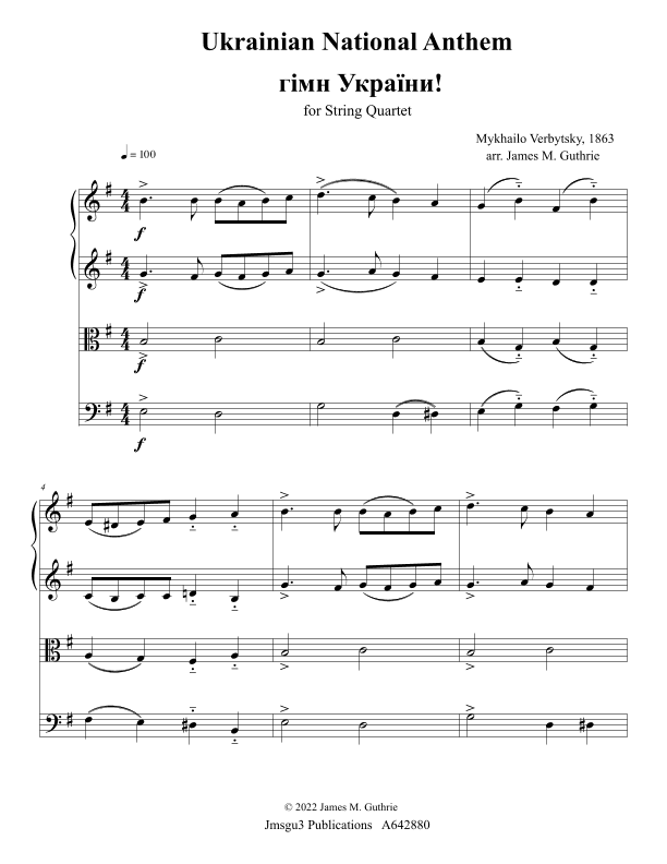 Ukrainian National Anthem for String Quartet (arr. James M. Guthrie)