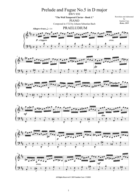 Bach - Prelude and Fugue No.5 in D major BWV 850 for Piano (arr. Santino Cara)