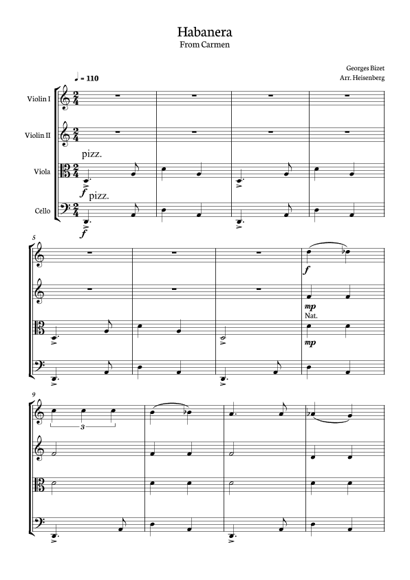 Georges Bizet - Carmen - Habanera for String Quartet in a easy version - Score and parts included. (arr. Heisenberg)