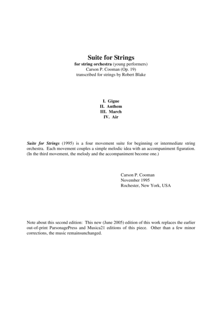 Carson Cooman/Blake: Suite for Strings, score and parts