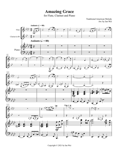 Amazing Grace for Flute, Clarinet and Piano (arr. Ian Wei)