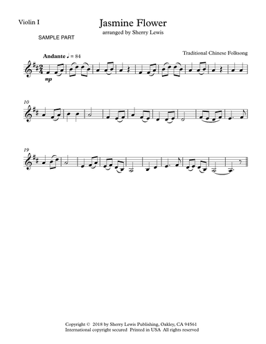 Jasmine Flower, Traditional Chinese Folk Song, Violin Solo, Intermediate to Early Intermediate Level (arr. Sherry Lewis)