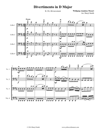 Mozart Divertimento, arranged for intermediate cello quartet (four cellos), K.136 (arr. Yellow Cello Music)