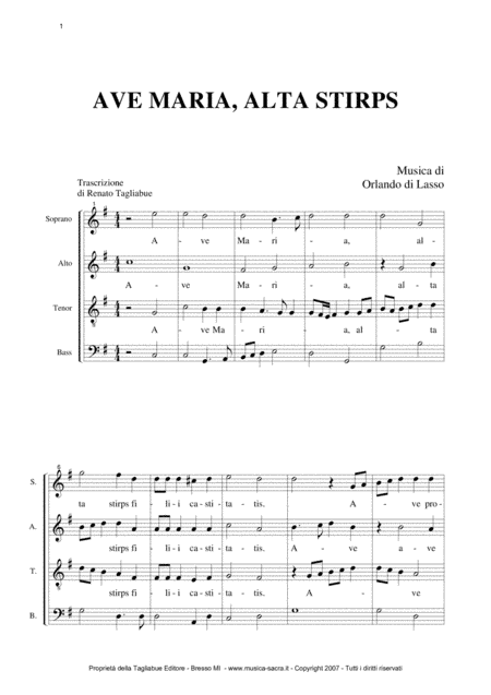 AVE MARIA, ALTA STIRPS - Orlando di Lasso - For SATB Choir