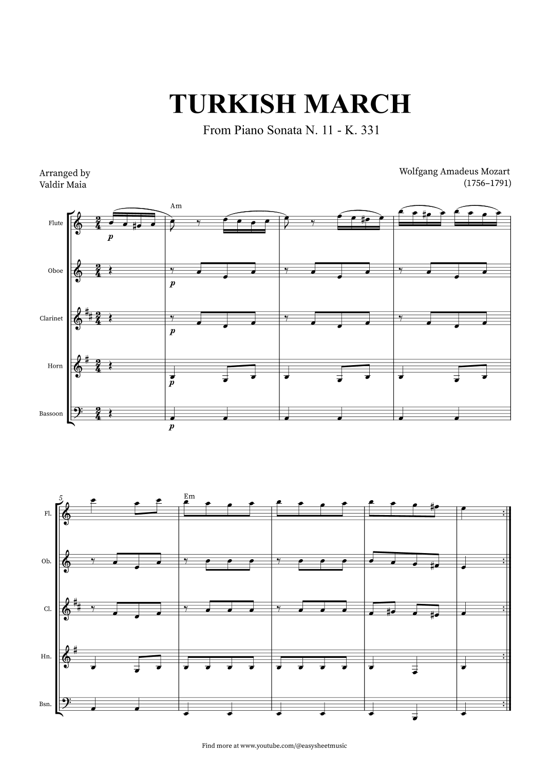 Turkish March - Woodwind Quintet + CHORDS (arr. Valdir Maia)